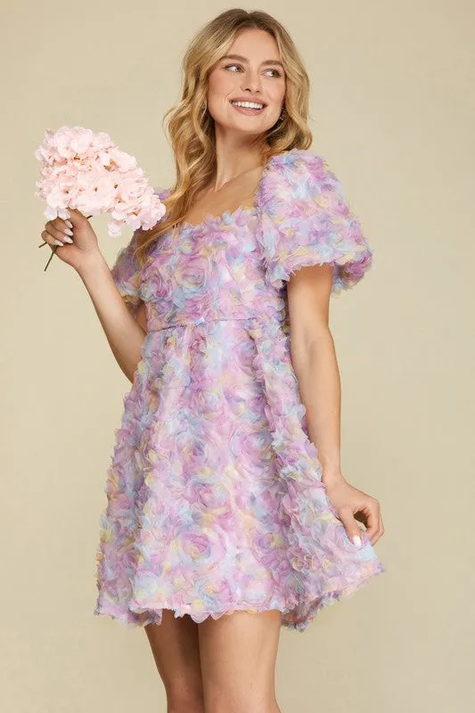 Lilac Romantic Flower 3D Mesh Dress Mini Baby Doll Dress