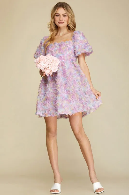 Lilac Romantic Flower 3D Mesh Dress Mini Baby Doll Dress