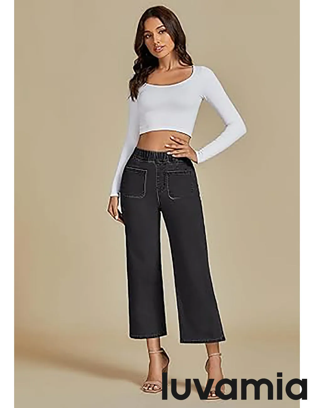 LUVAMIA Women's Cropped Denim High Waisted Jeans Stretch Wide Leg