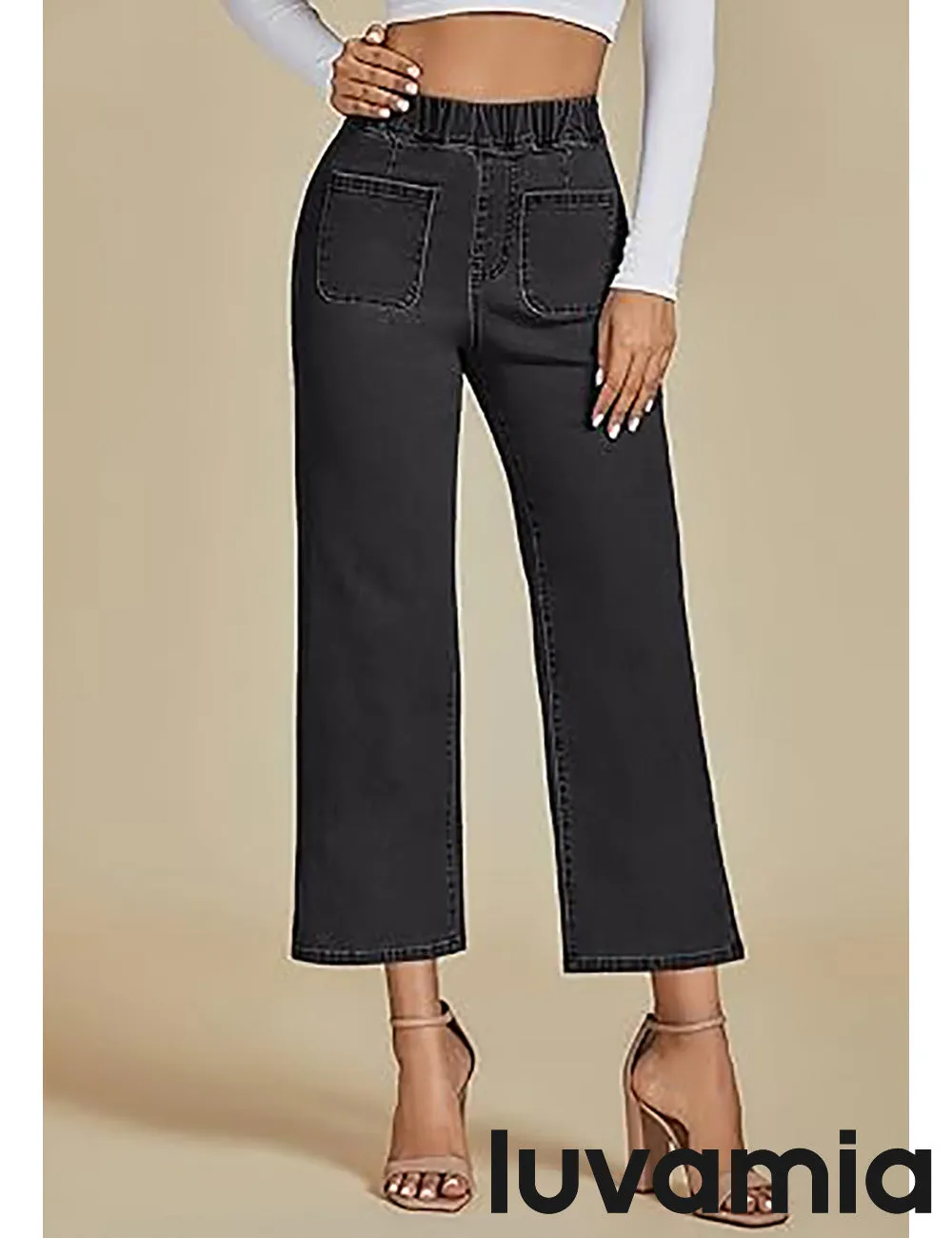 LUVAMIA Women's Cropped Denim High Waisted Jeans Stretch Wide Leg