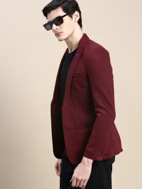 Men Burgundy Solid Casual Blazers