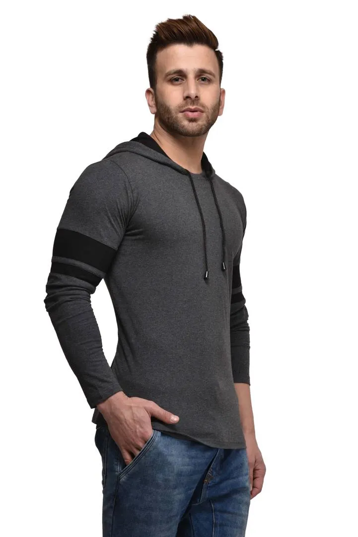 Men's Grey Cotton Blend Self Pattern Hooded Tees