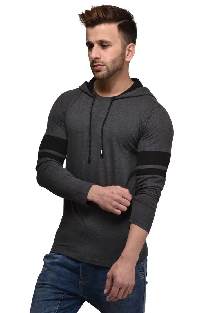 Men's Grey Cotton Blend Self Pattern Hooded Tees