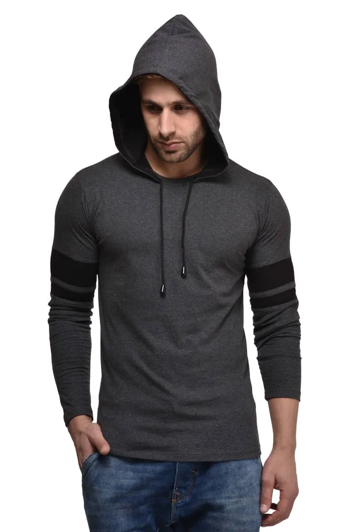 Men's Grey Cotton Blend Self Pattern Hooded Tees