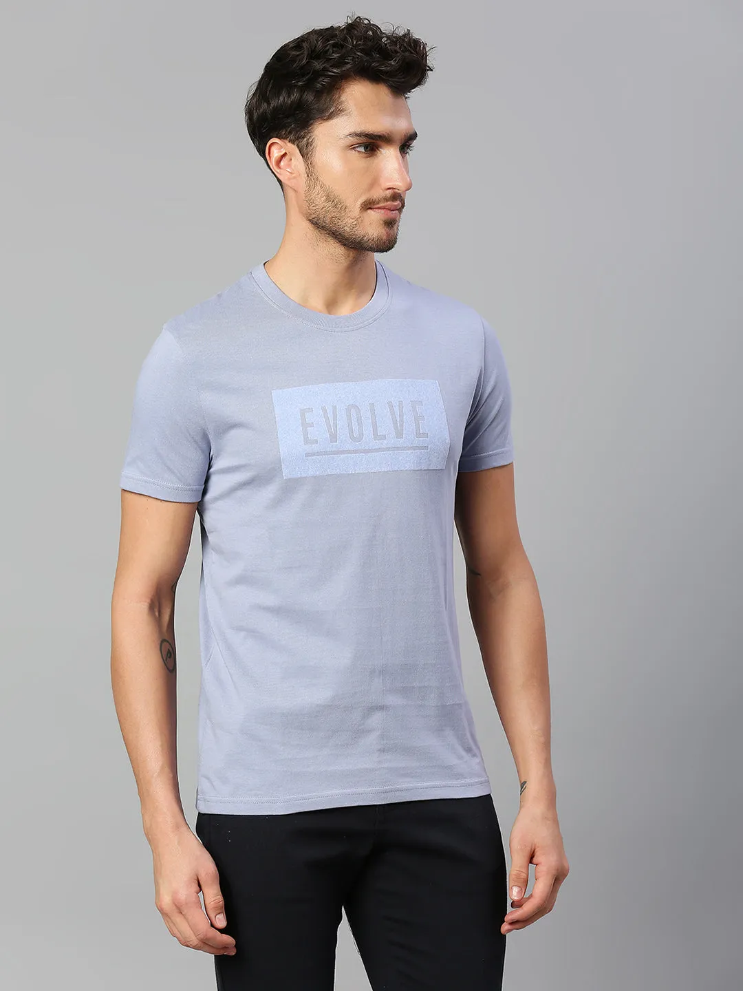 Men's Pure Cotton Printed Half Sleeves Casual T-Shirt (Light Blue)