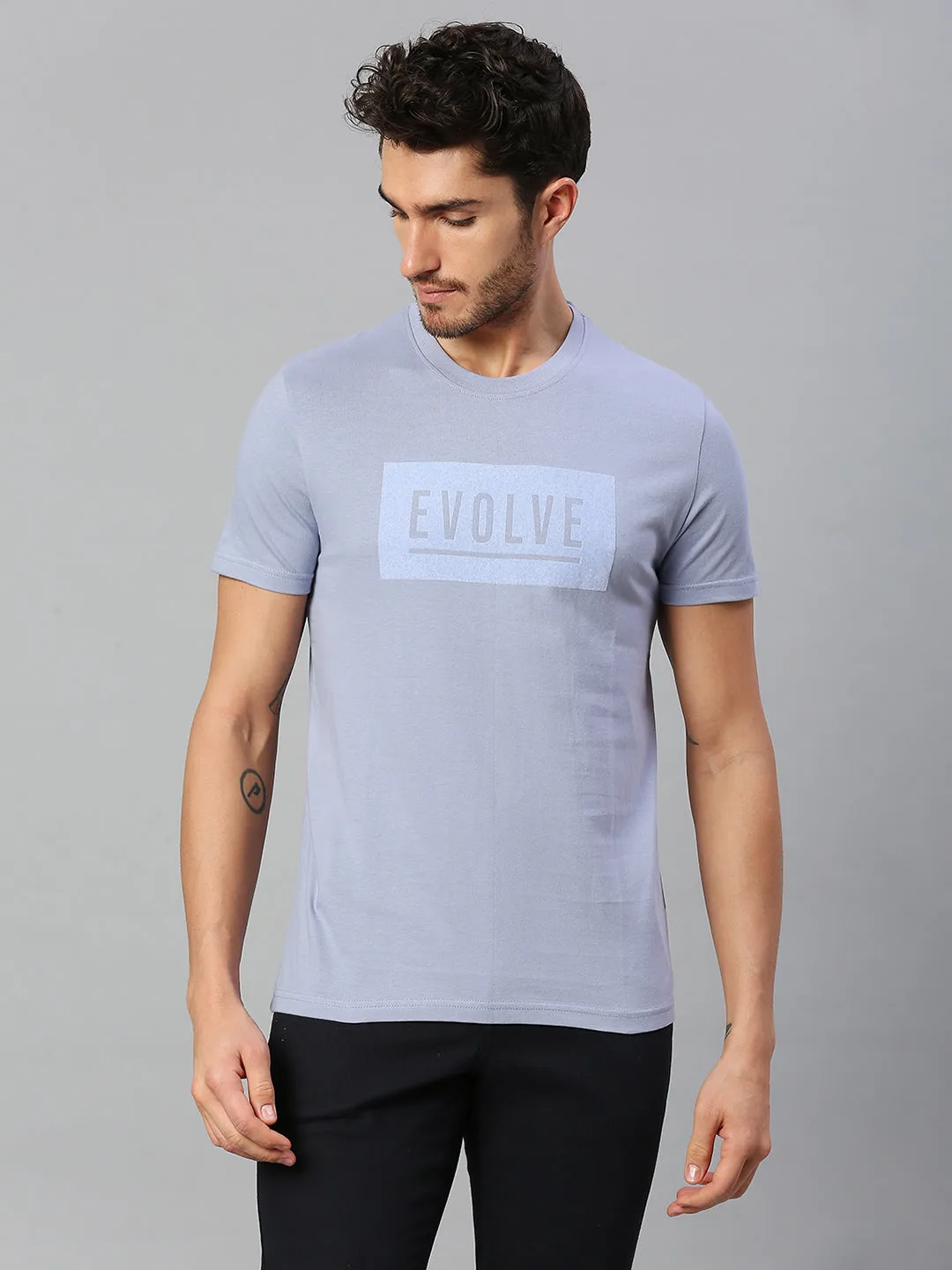 Men's Pure Cotton Printed Half Sleeves Casual T-Shirt (Light Blue)