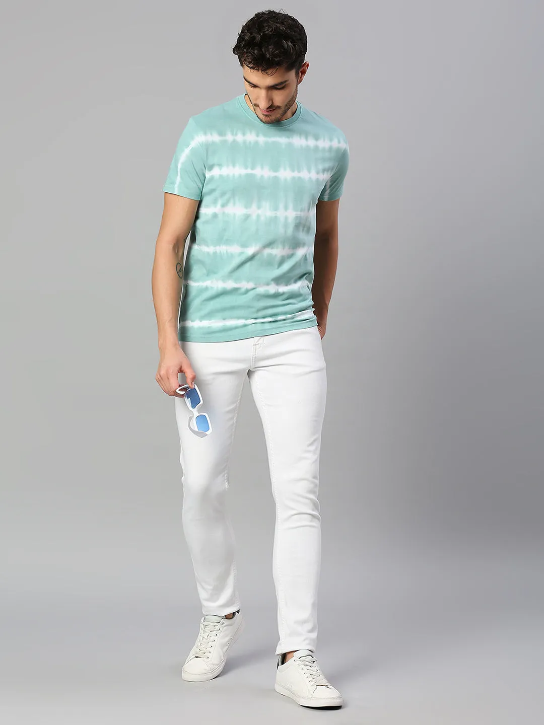 Men's Pure Cotton Printed Half Sleeves Casual T-Shirt (Powder Blue)