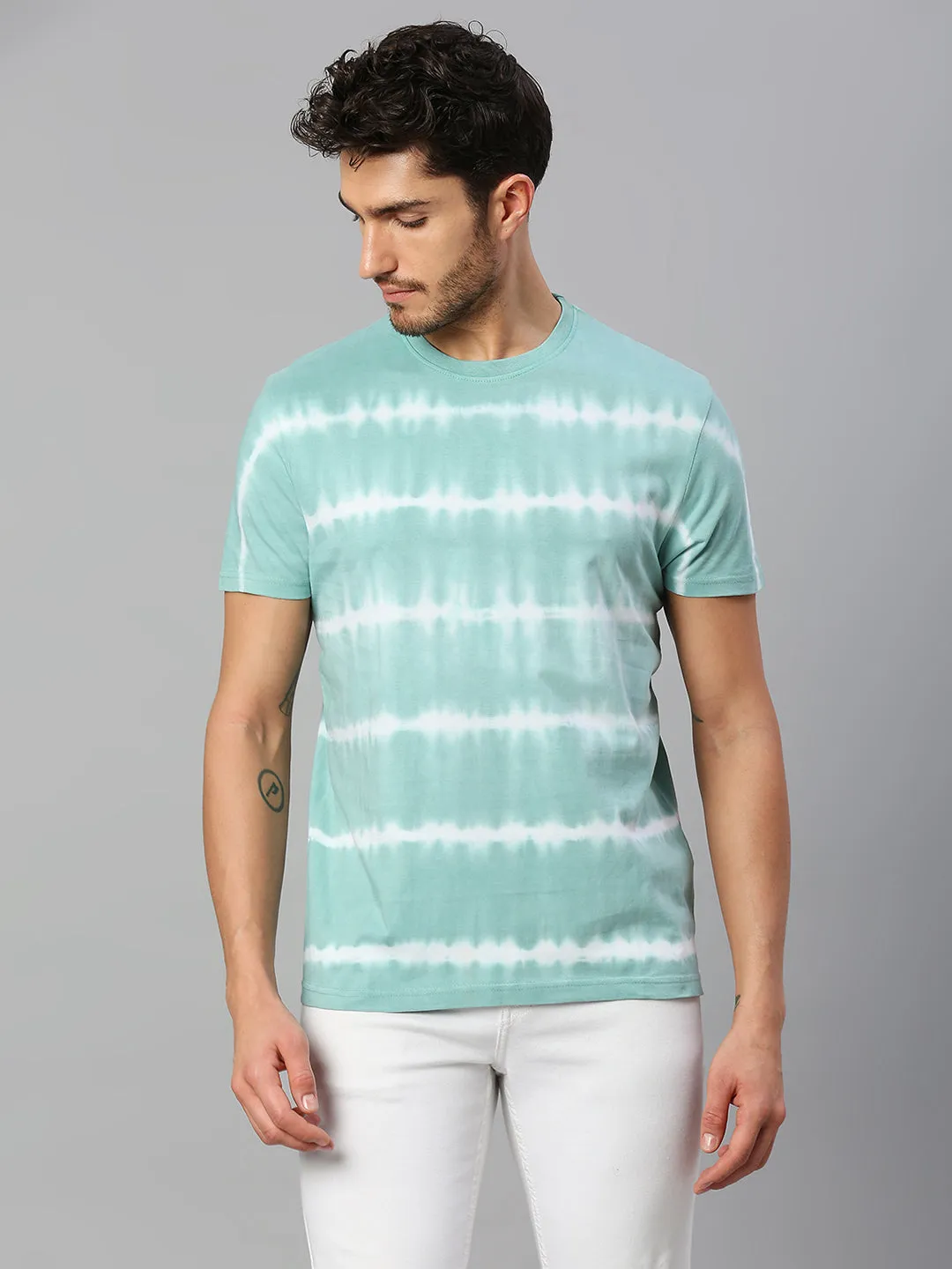 Men's Pure Cotton Printed Half Sleeves Casual T-Shirt (Powder Blue)