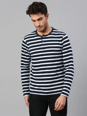 Men's Pure Cotton Striped Full Sleeves Casual T-Shirt (Navy)