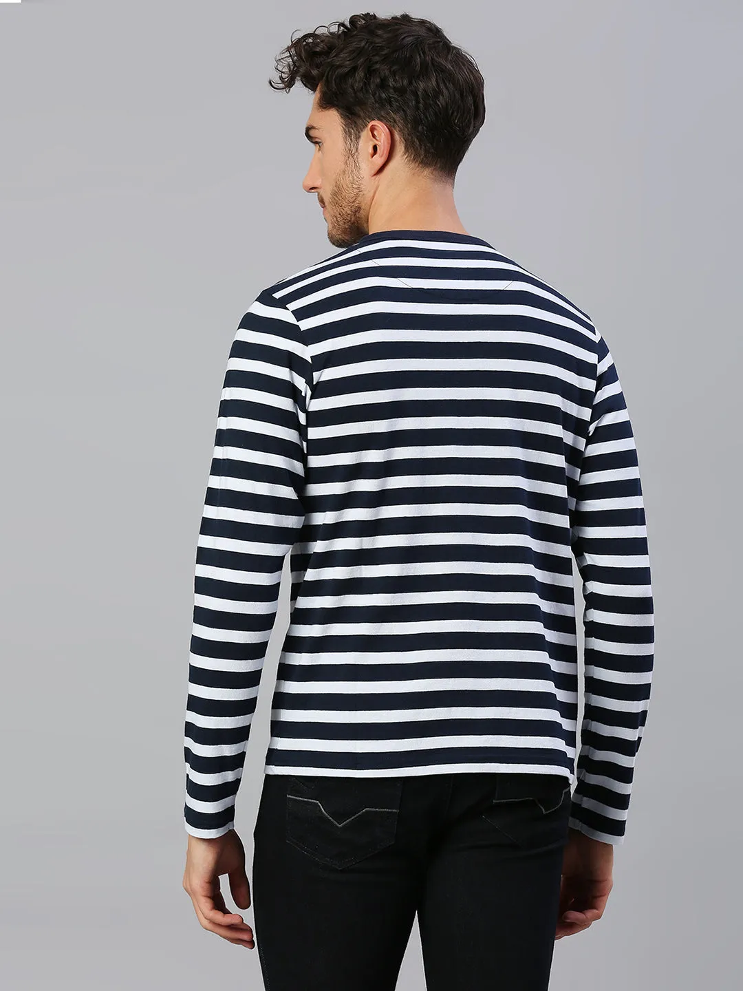 Men's Pure Cotton Striped Full Sleeves Casual T-Shirt (Navy)