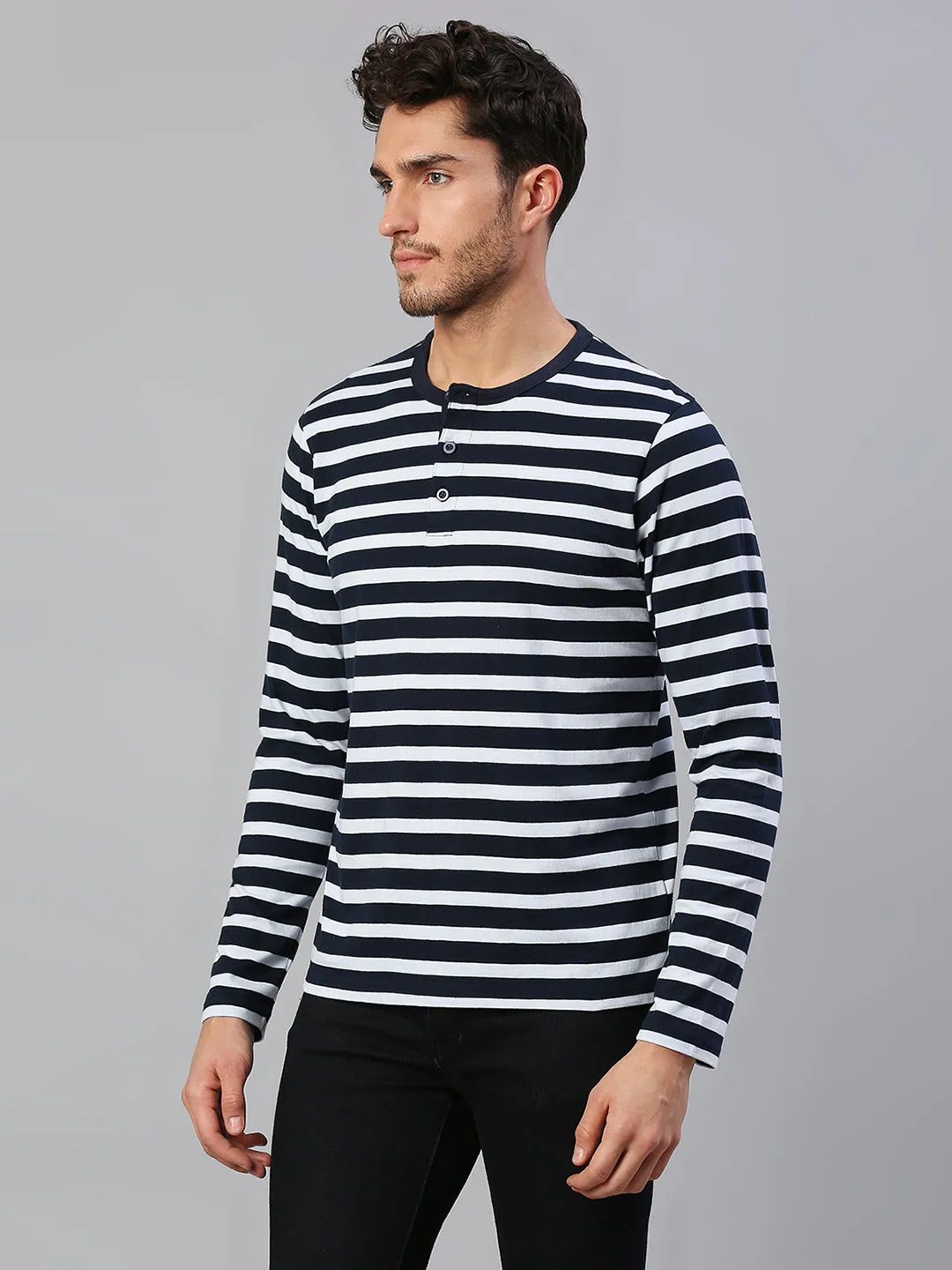 Men's Pure Cotton Striped Full Sleeves Casual T-Shirt (Navy)