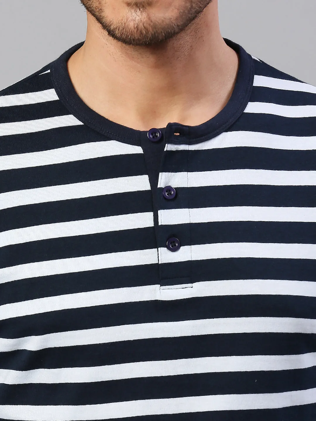 Men's Pure Cotton Striped Full Sleeves Casual T-Shirt (Navy)