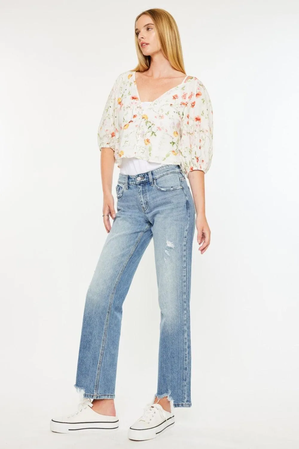 Mid Rise Frayed Hem Straight Jeans