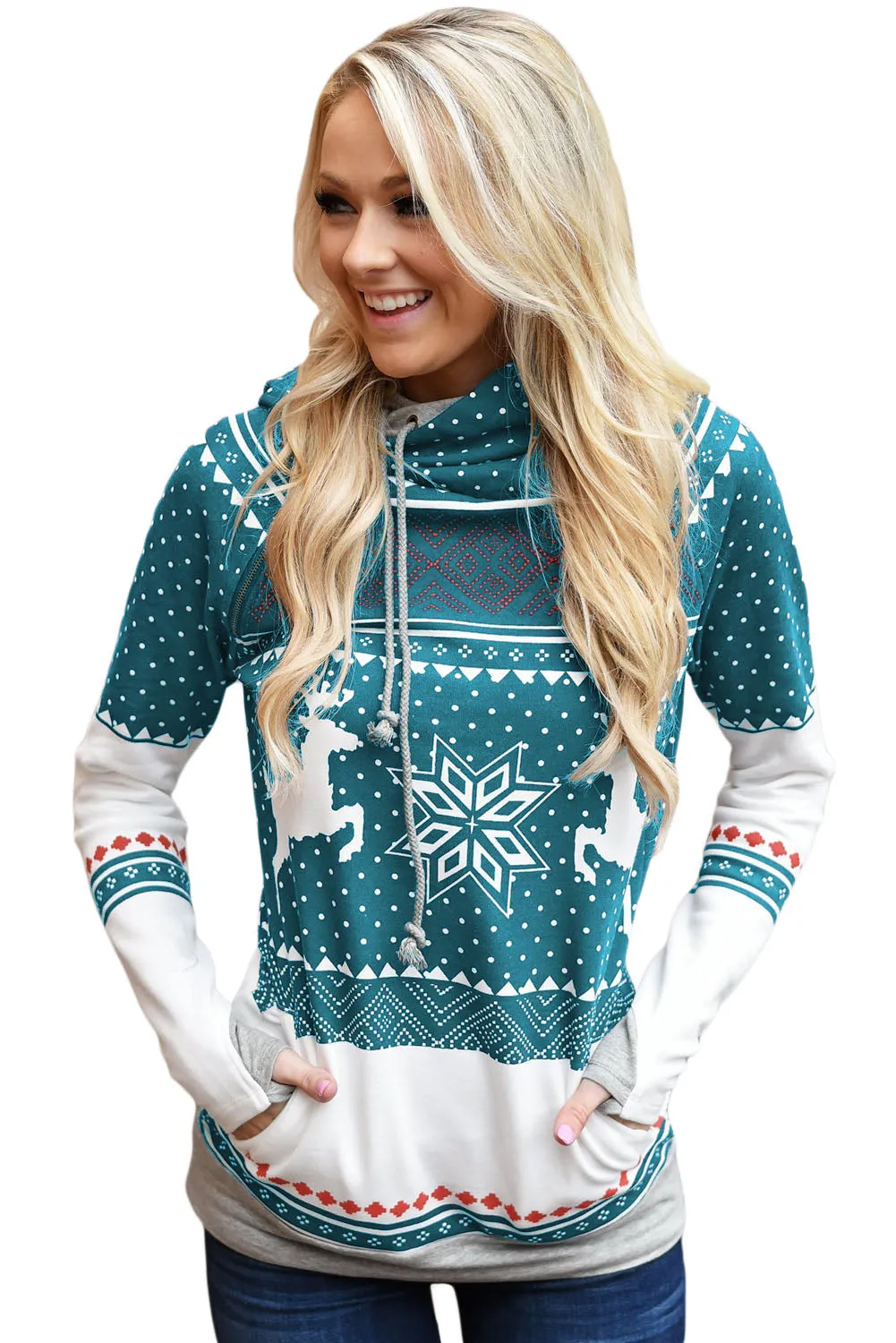 Mint Snow Reindeer Double Hooded Sweatshirt