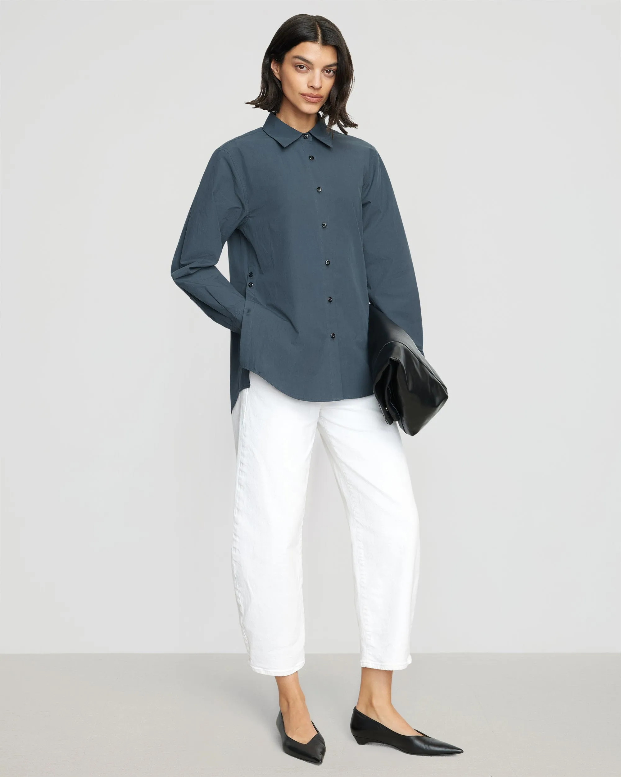 Phoebe Side-Button Tulip-Hem Shirt