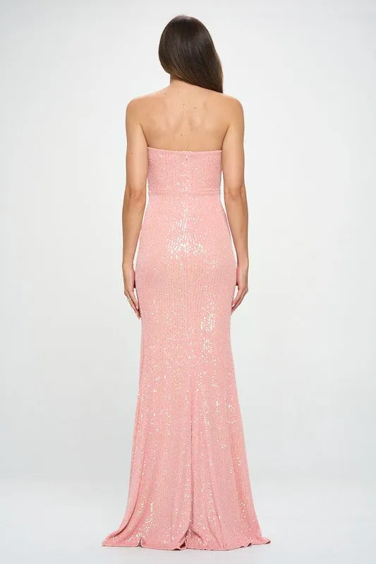 Pink Multi Strapless Multi Sequin Slit Maxi Dress