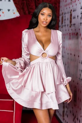 Pink Solid Satin Front O-ring Back Detail Mini Dress