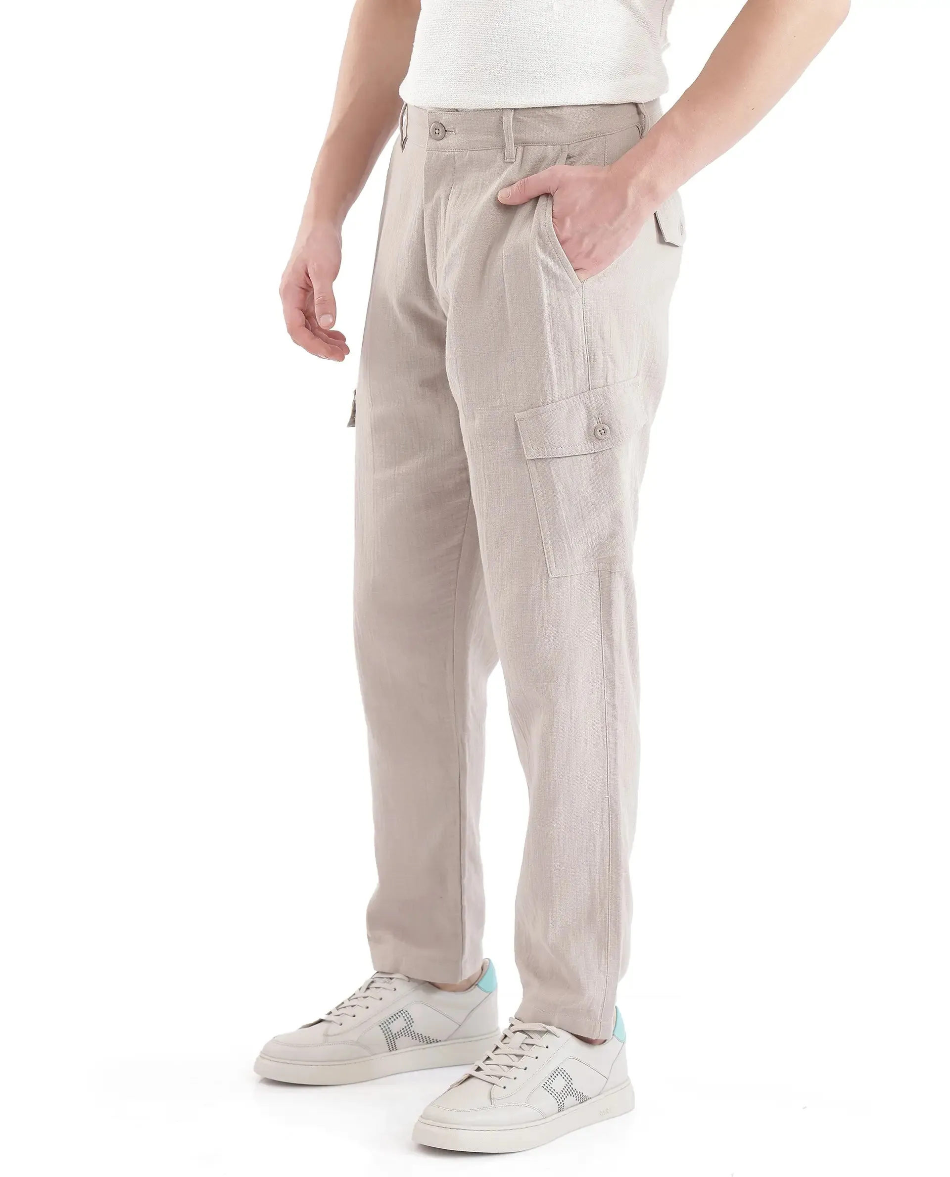 Rare Rabbit Men Presso Light Beige Double Layer Twill Mid Rise Cargo Style Plain Trouser