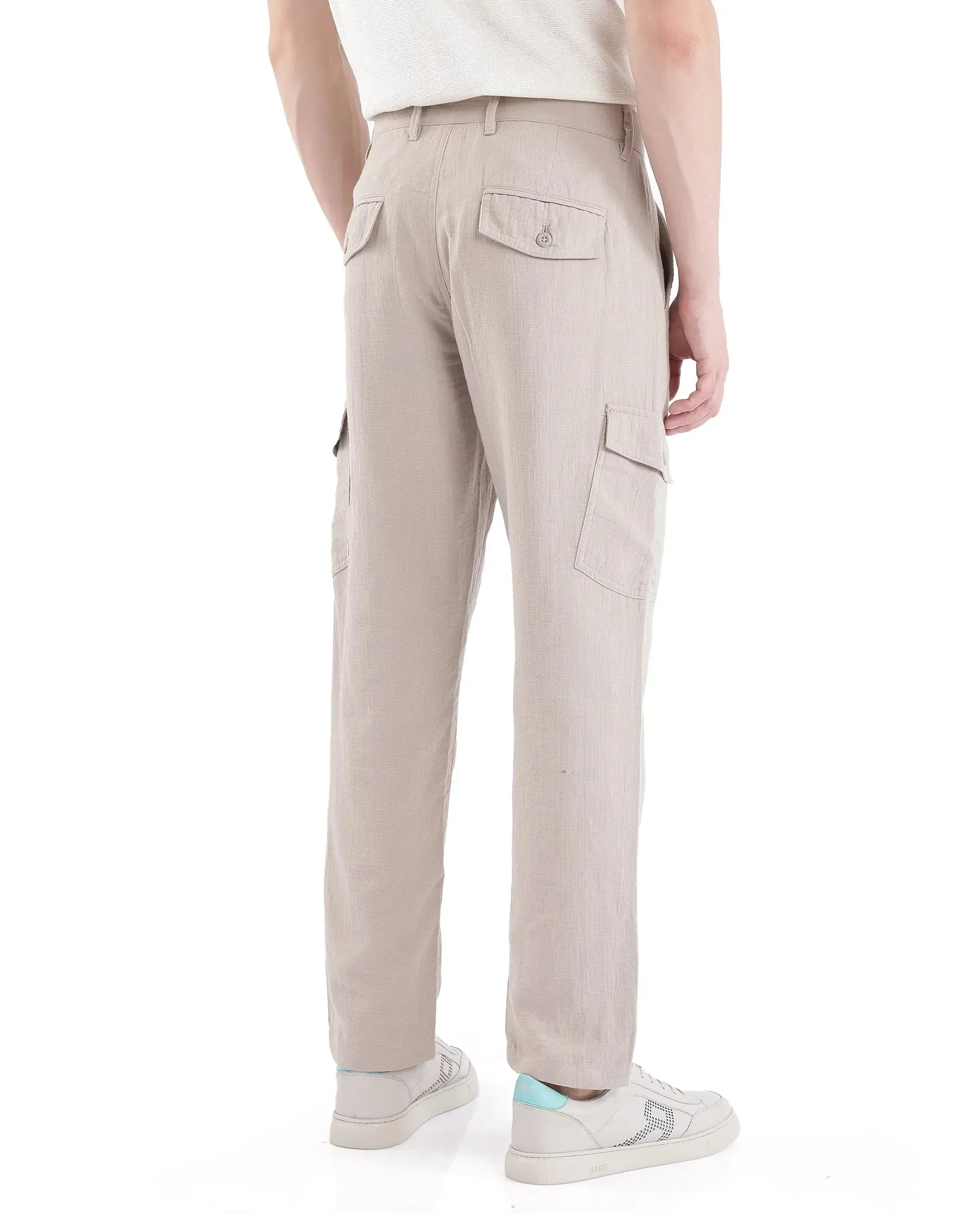 Rare Rabbit Men Presso Light Beige Double Layer Twill Mid Rise Cargo Style Plain Trouser