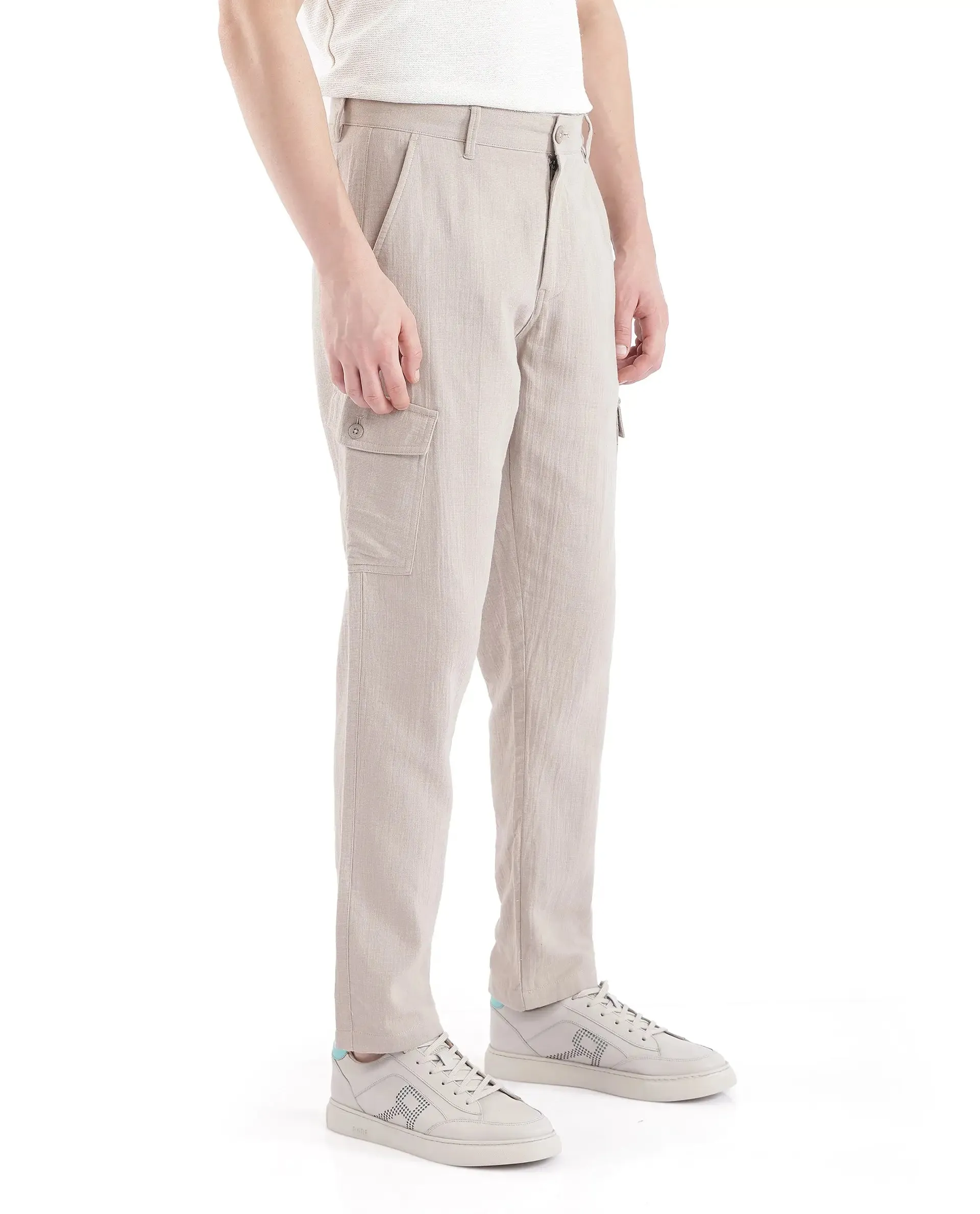 Rare Rabbit Men Presso Light Beige Double Layer Twill Mid Rise Cargo Style Plain Trouser