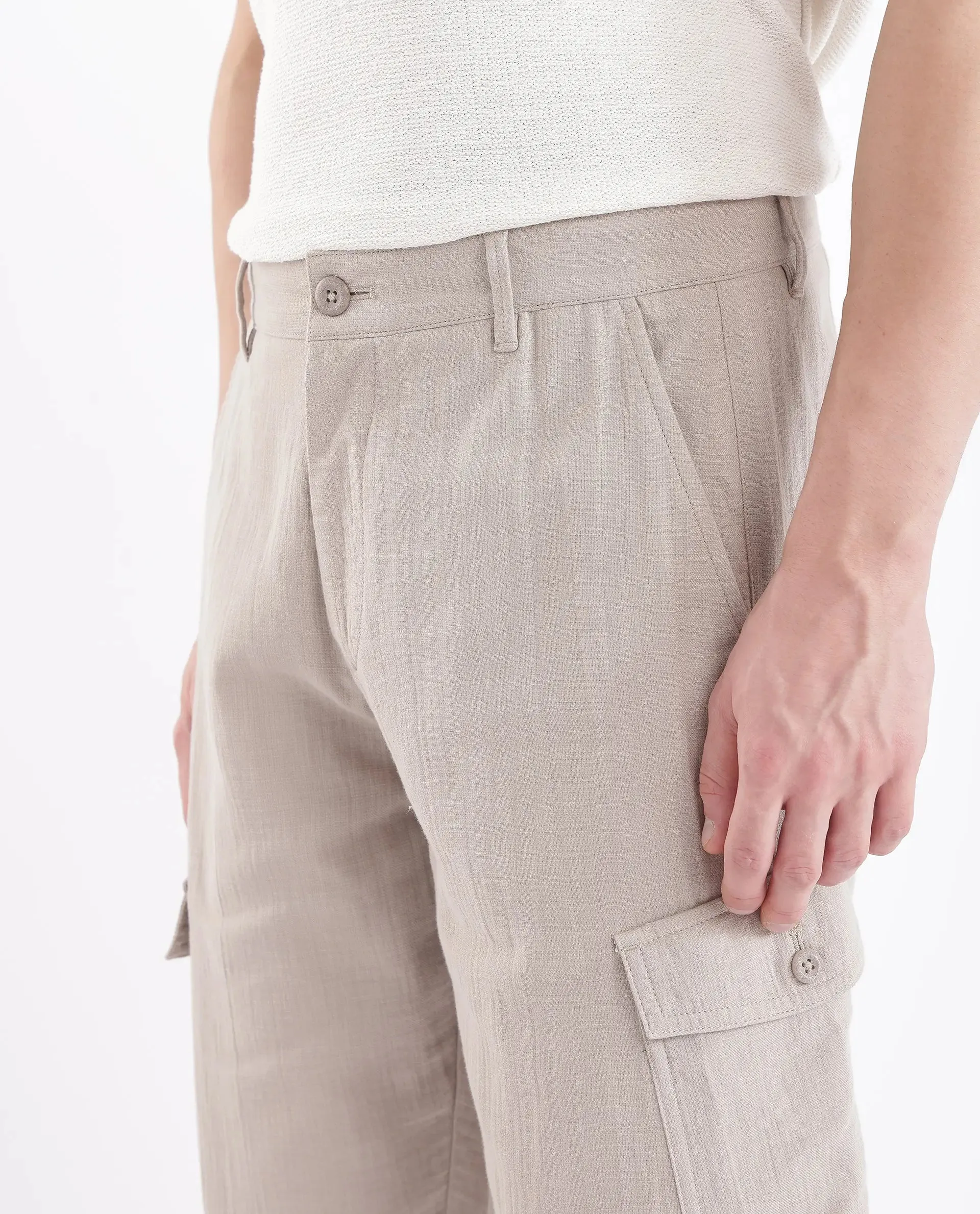 Rare Rabbit Men Presso Light Beige Double Layer Twill Mid Rise Cargo Style Plain Trouser