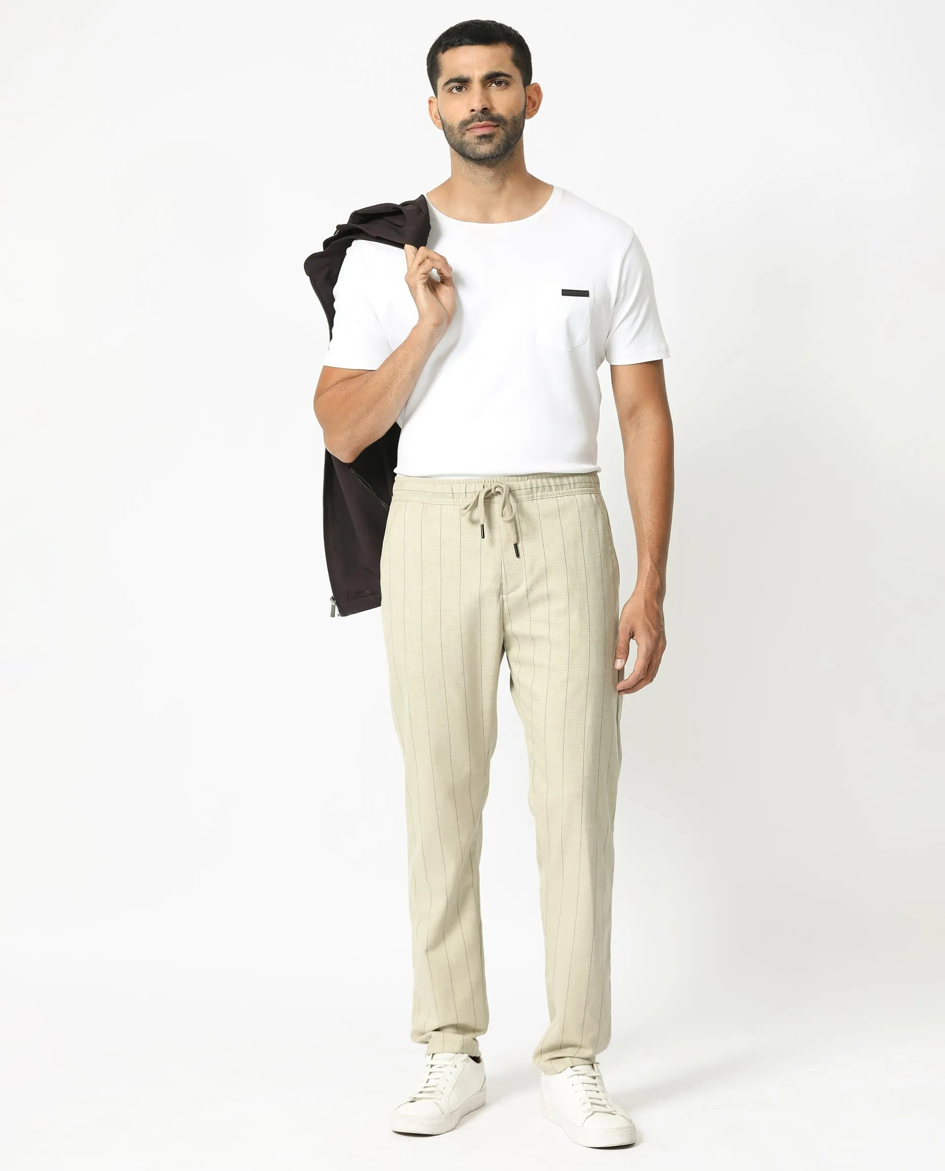 Rare Rabbit Men's Pixie Light Beige Solid Mid-Rise Regular Fit With Drawstring And Elastic Waistband Striped Trouser