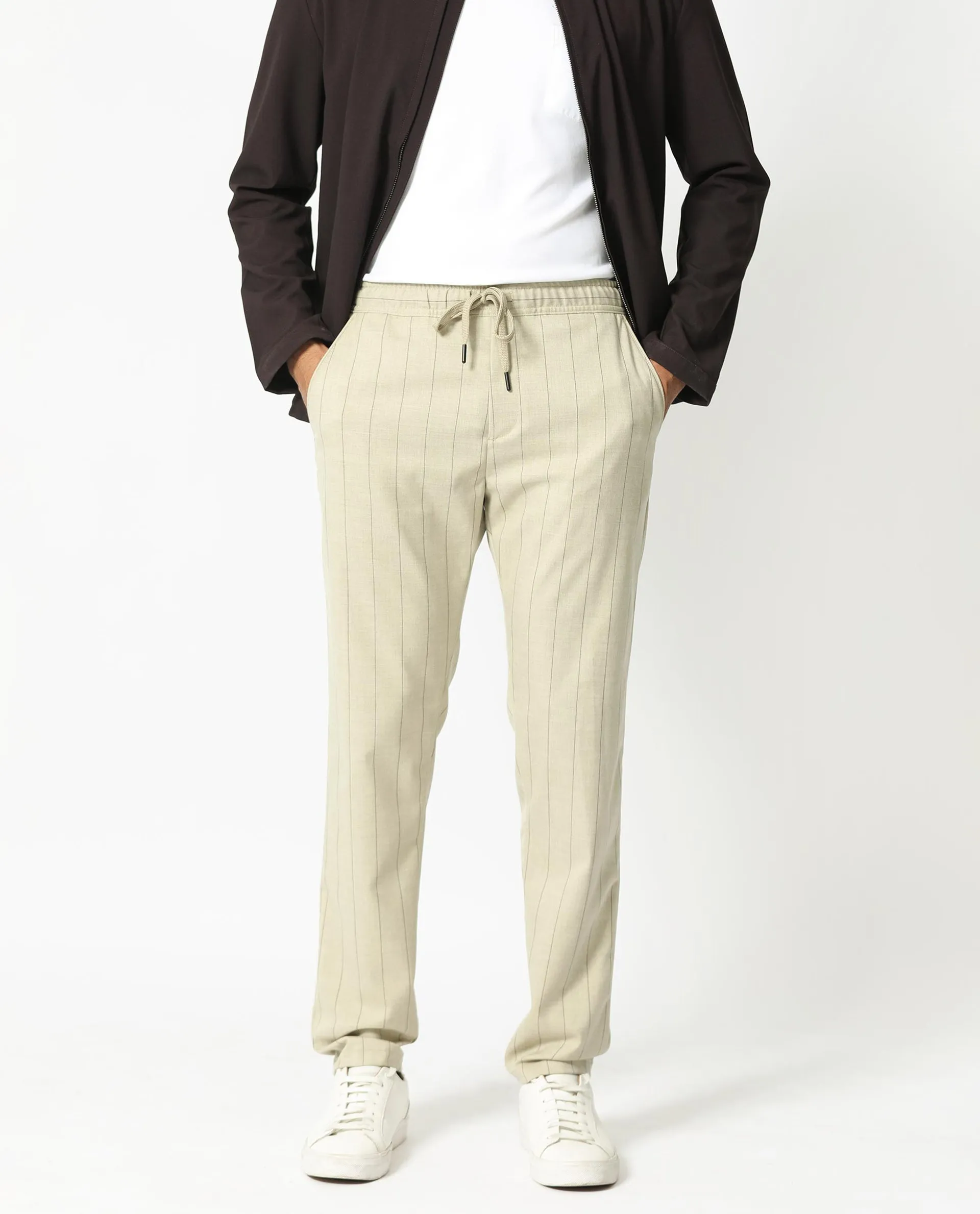 Rare Rabbit Men's Pixie Light Beige Solid Mid-Rise Regular Fit With Drawstring And Elastic Waistband Striped Trouser