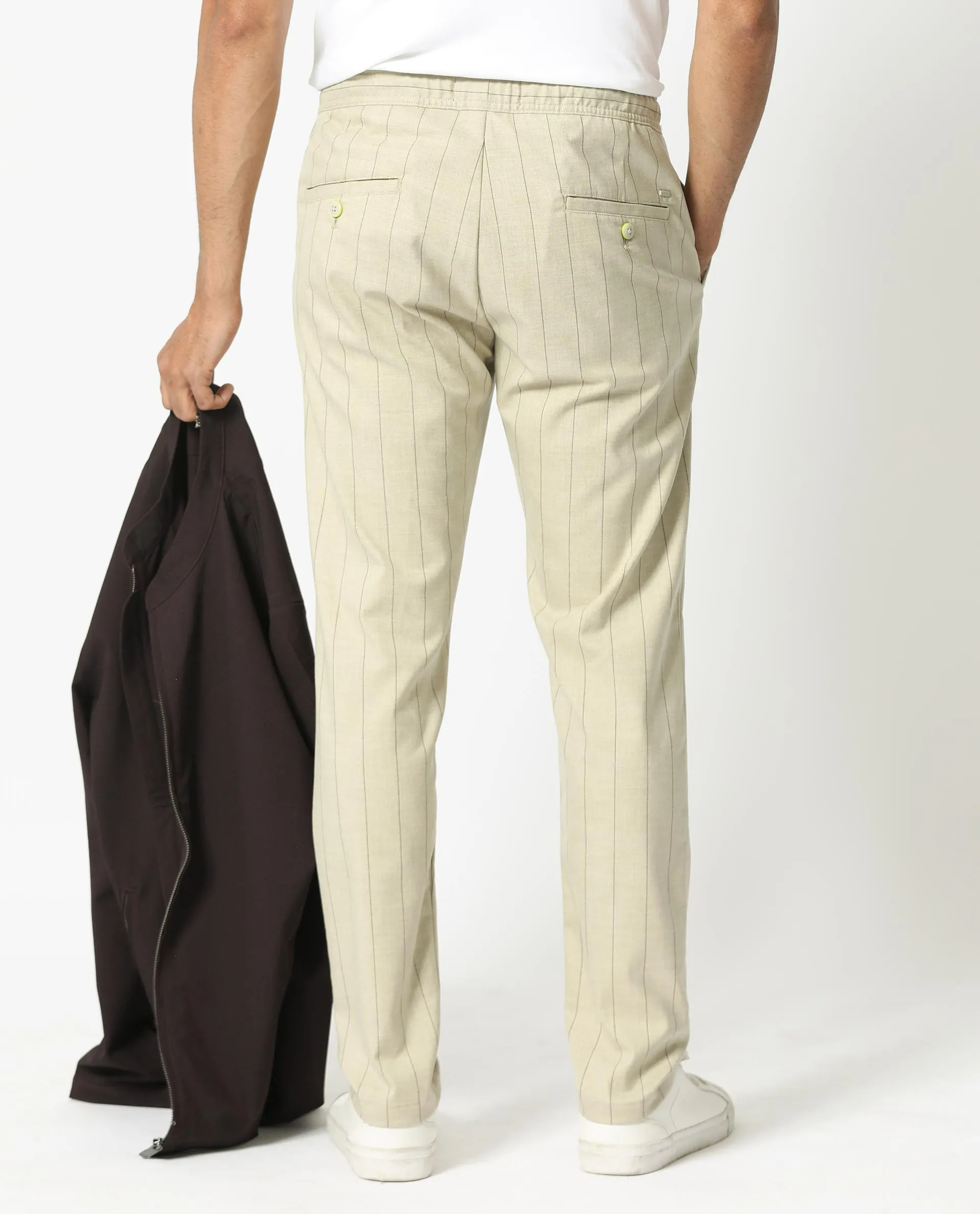 Rare Rabbit Men's Pixie Light Beige Solid Mid-Rise Regular Fit With Drawstring And Elastic Waistband Striped Trouser