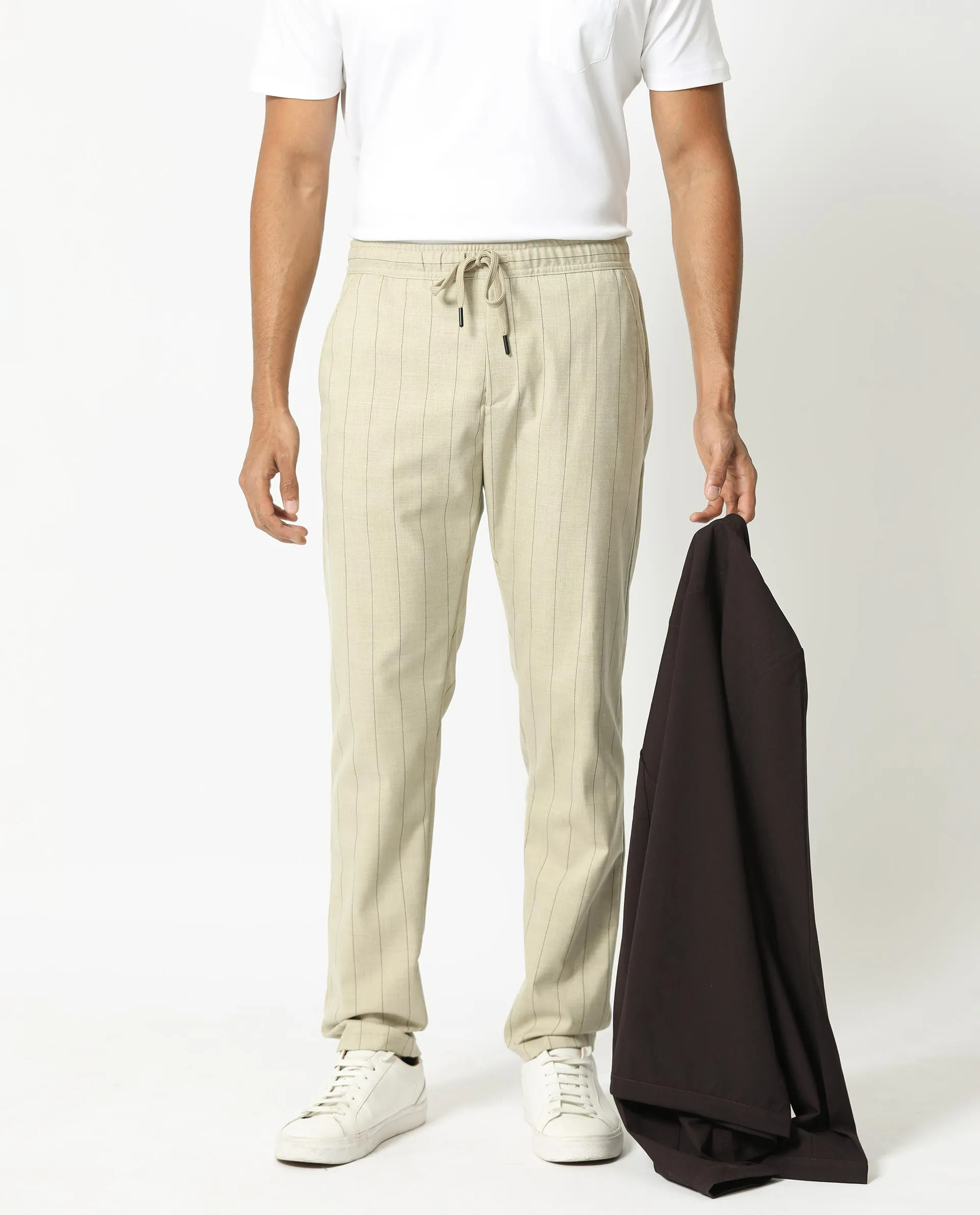 Rare Rabbit Men's Pixie Light Beige Solid Mid-Rise Regular Fit With Drawstring And Elastic Waistband Striped Trouser