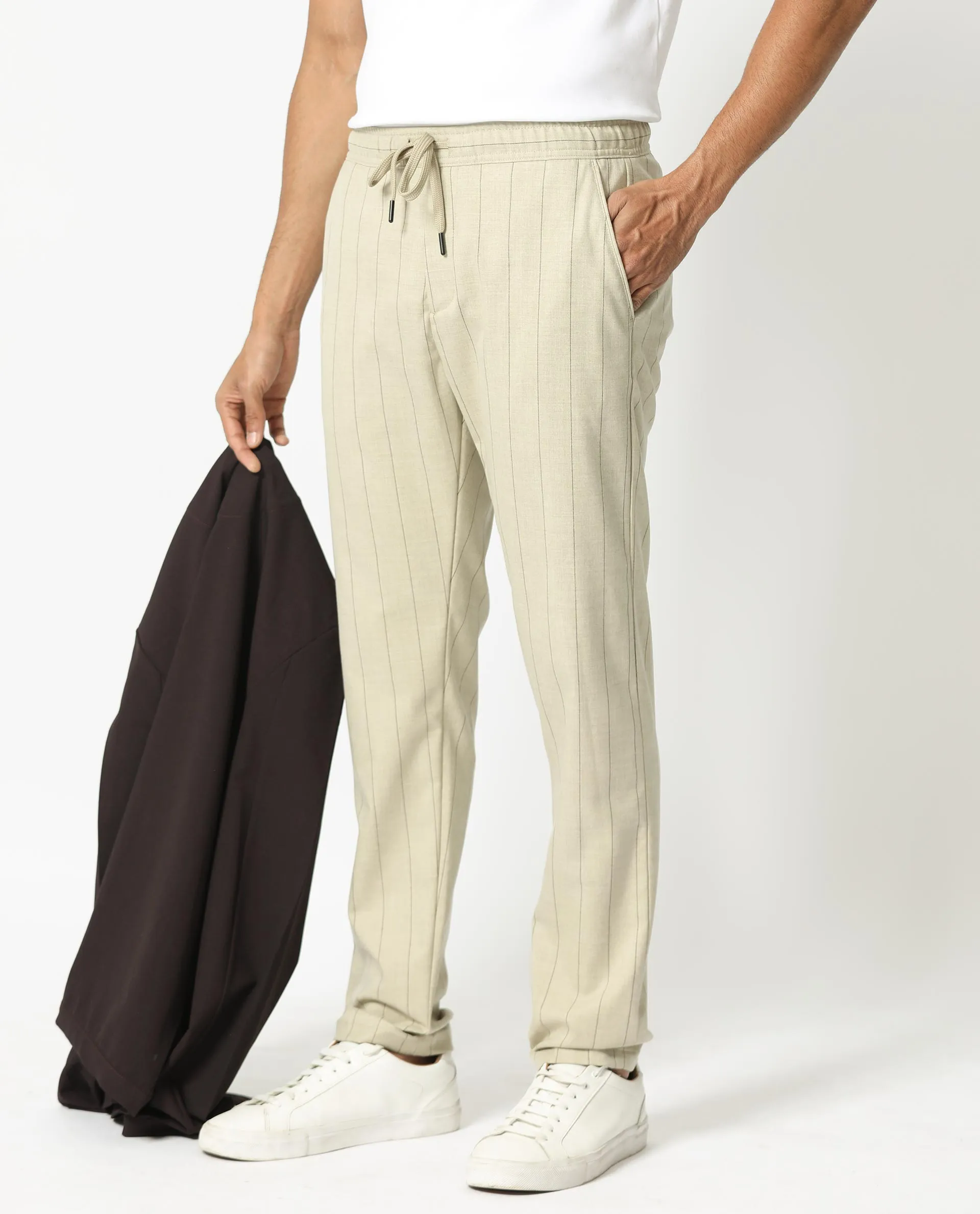 Rare Rabbit Men's Pixie Light Beige Solid Mid-Rise Regular Fit With Drawstring And Elastic Waistband Striped Trouser