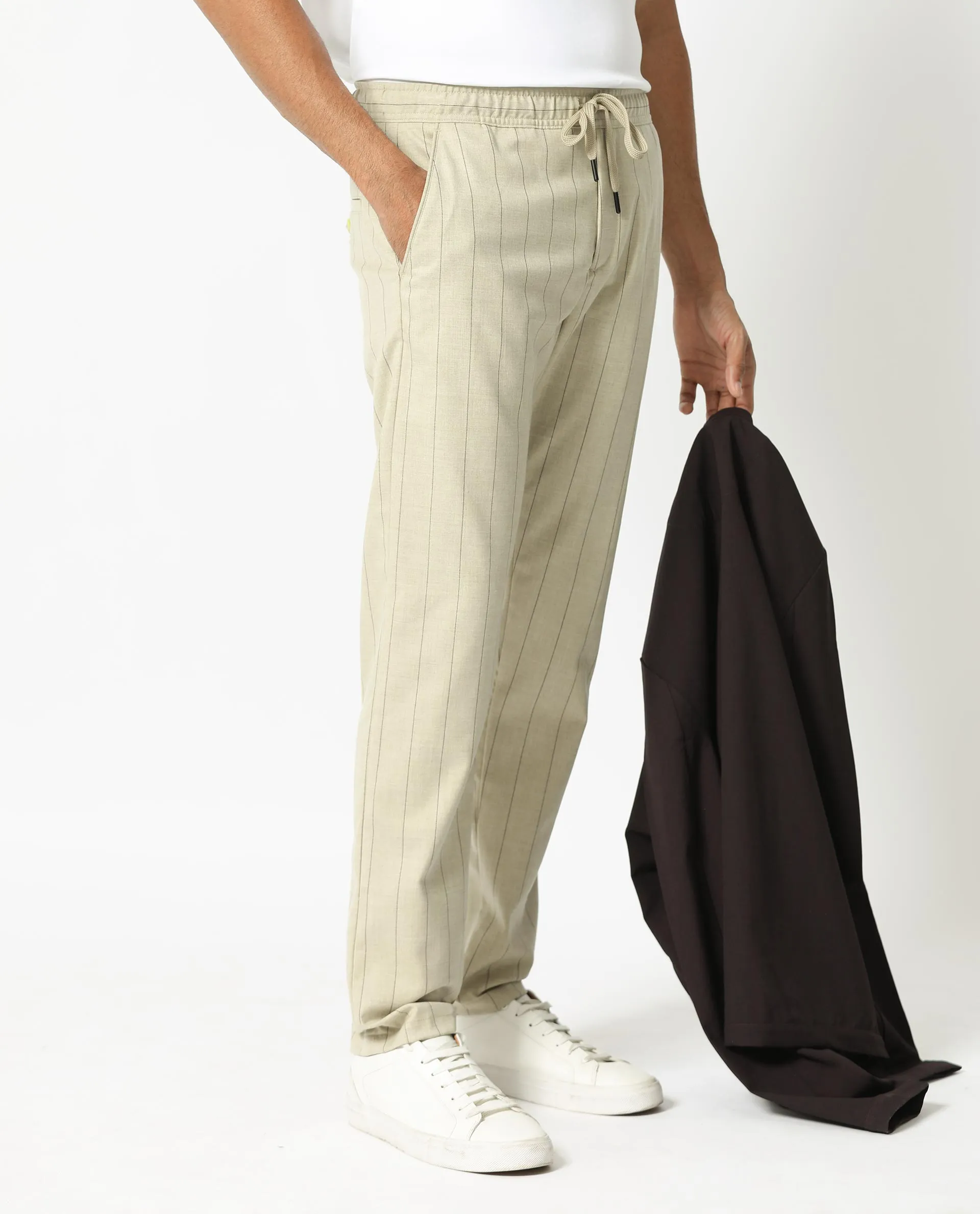 Rare Rabbit Men's Pixie Light Beige Solid Mid-Rise Regular Fit With Drawstring And Elastic Waistband Striped Trouser