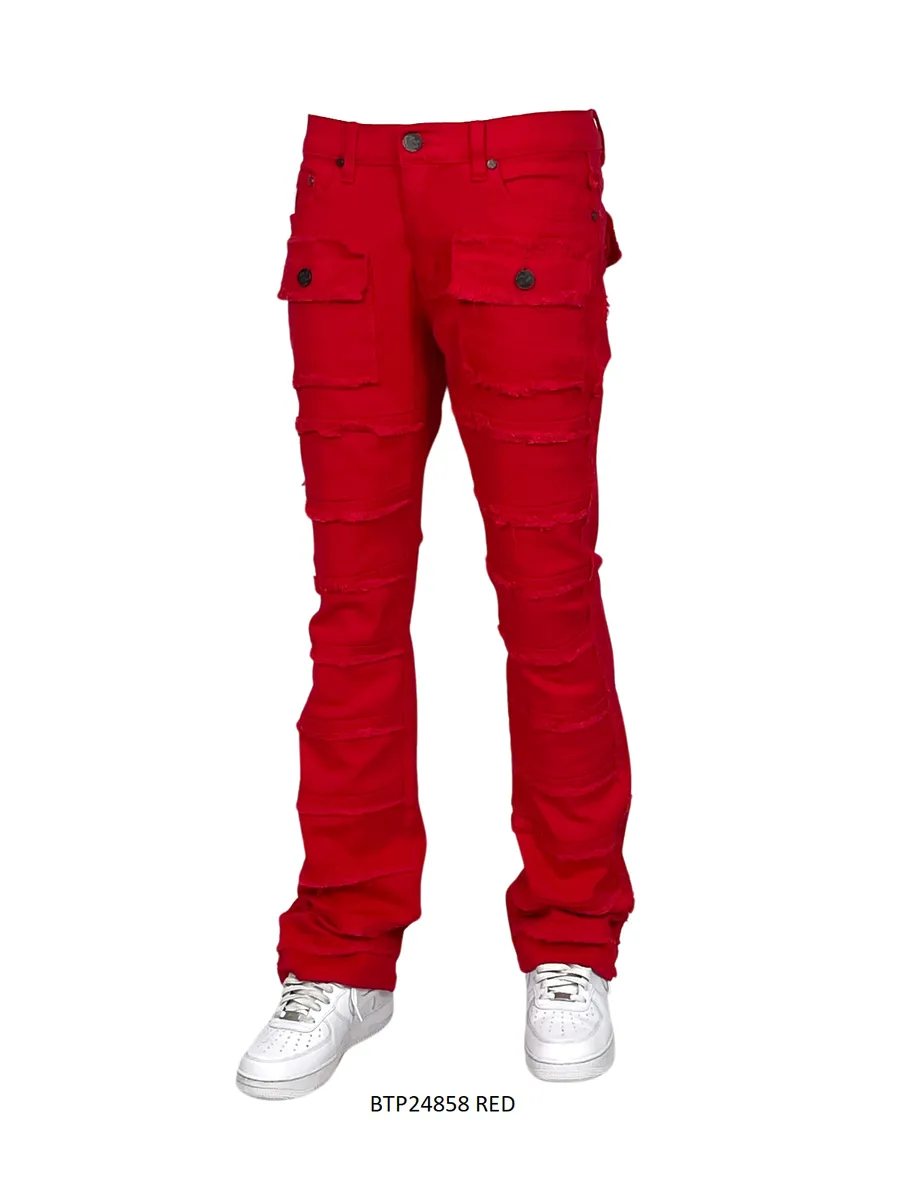 Red Stacked Jeans Men's Denim Pants Frayed Stack Fit with Pockets