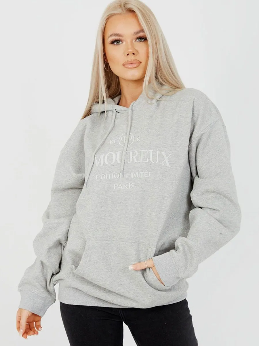 Shannon Embroidered Amoureux Fleeced Hoodie In Grey