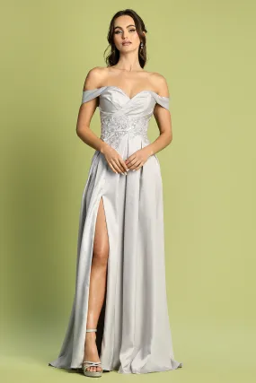 Silver Beaded Satin Off Shoulder A-Line Slit Gown