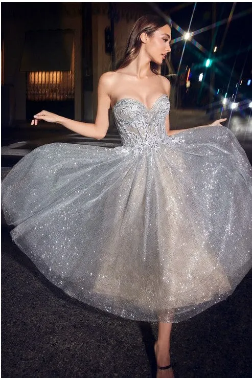 Silver Strapless Tea Length Glitter Dress