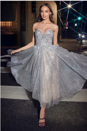 Silver Strapless Tea Length Glitter Dress