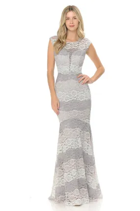 Silver/Grey Sheer Lace Sweetheart Color Block Formal Dress