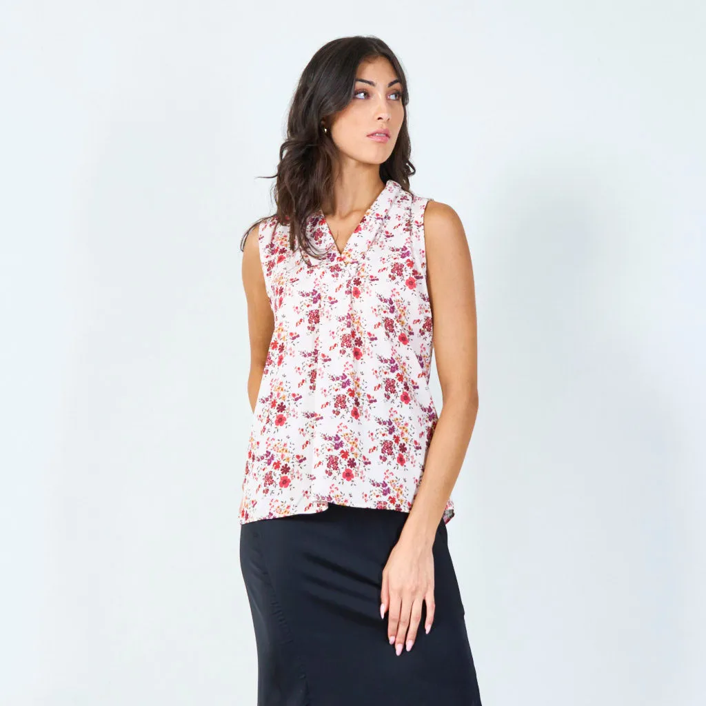 Sleeveless floral print blouse with draped neckline wholesale