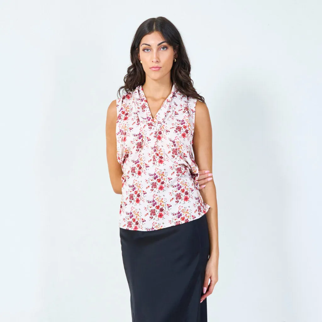 Sleeveless floral print blouse with draped neckline wholesale