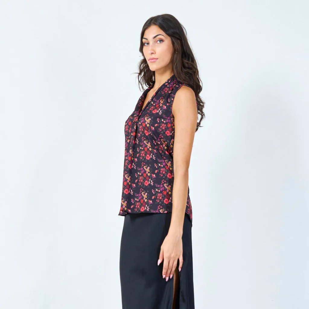 Sleeveless floral print blouse with draped neckline wholesale