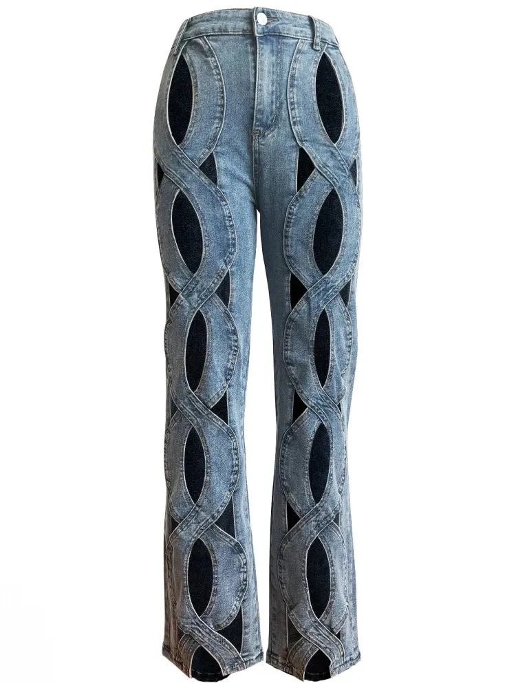 Trendy Hollow Out High Waist Patchwork Wide Leg Jeans