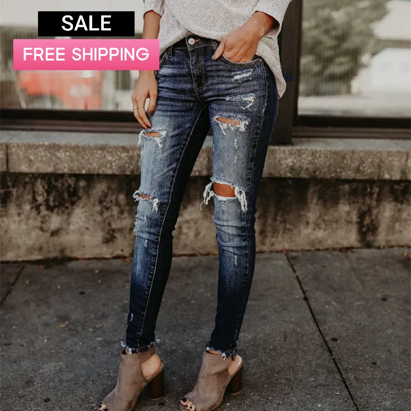 Trendy Peek A Boo Hole Denim High Waist Jeans