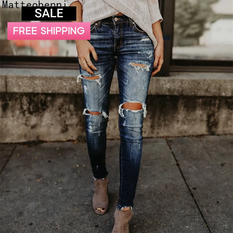 Trendy Peek A Boo Hole Denim High Waist Jeans