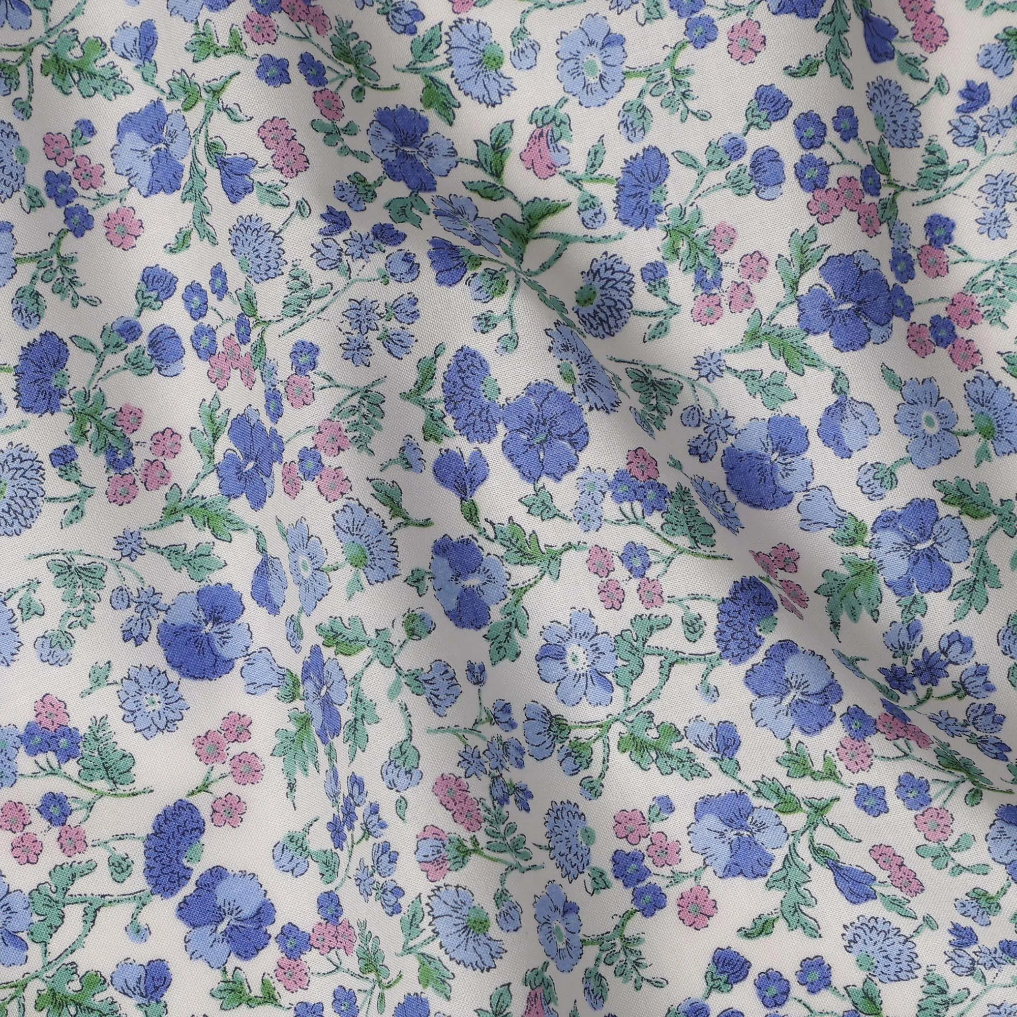 White and Blue Floral Cotton Lawn Digital Print Fabric - 110 cm Width-D21231