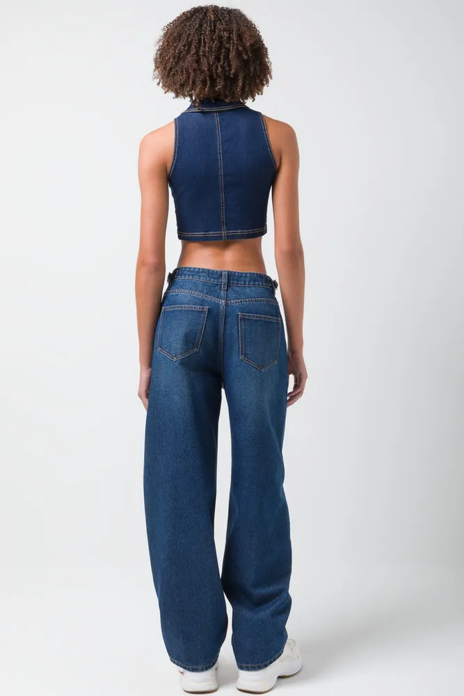 Wide Balloon Skater Denim Jeans Dark Blue