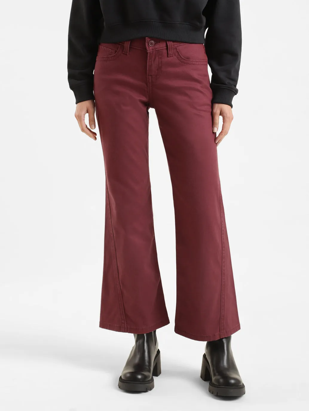 Women's Mid Rise Maroon Relaxed Fit Trousers