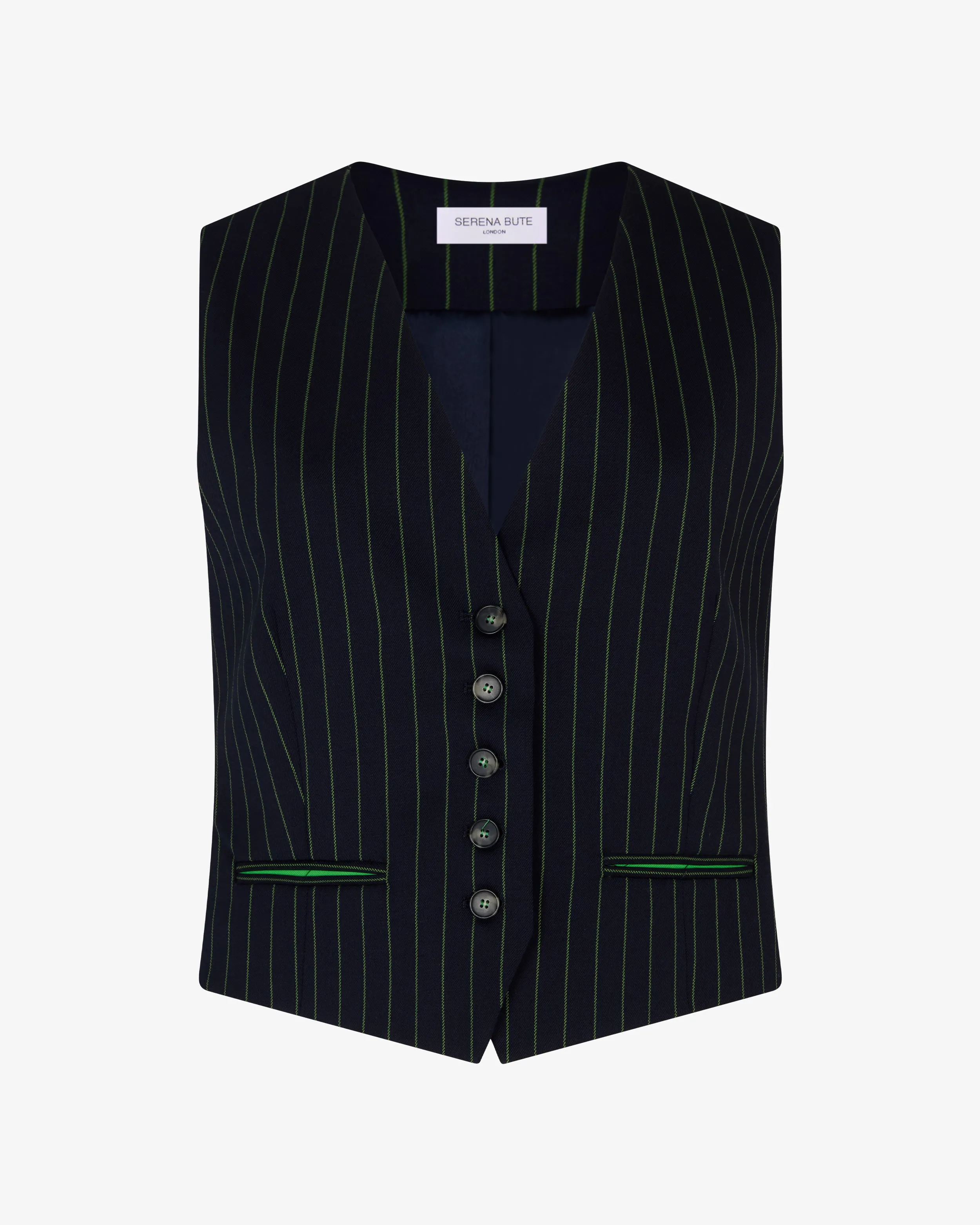 Wool Pinstripe Waistcoat - Navy/Green