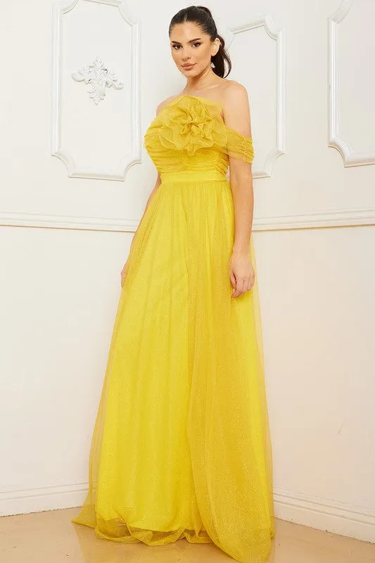 Yellow Glitter Mesh Tube Top Maxi Dress