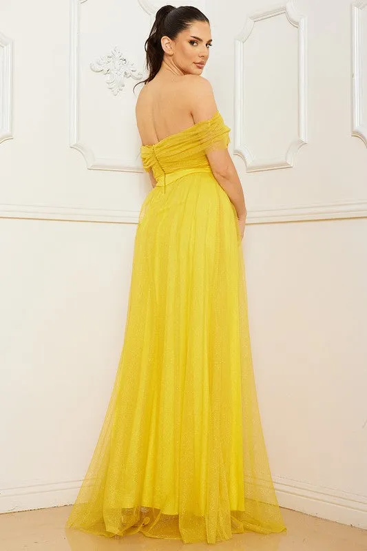 Yellow Glitter Mesh Tube Top Maxi Dress