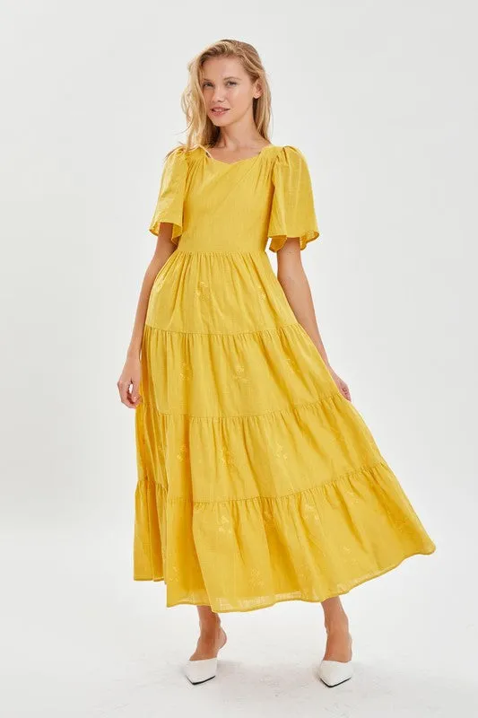 Yellow  Modest Embroidery Flutter Sleeve Dress